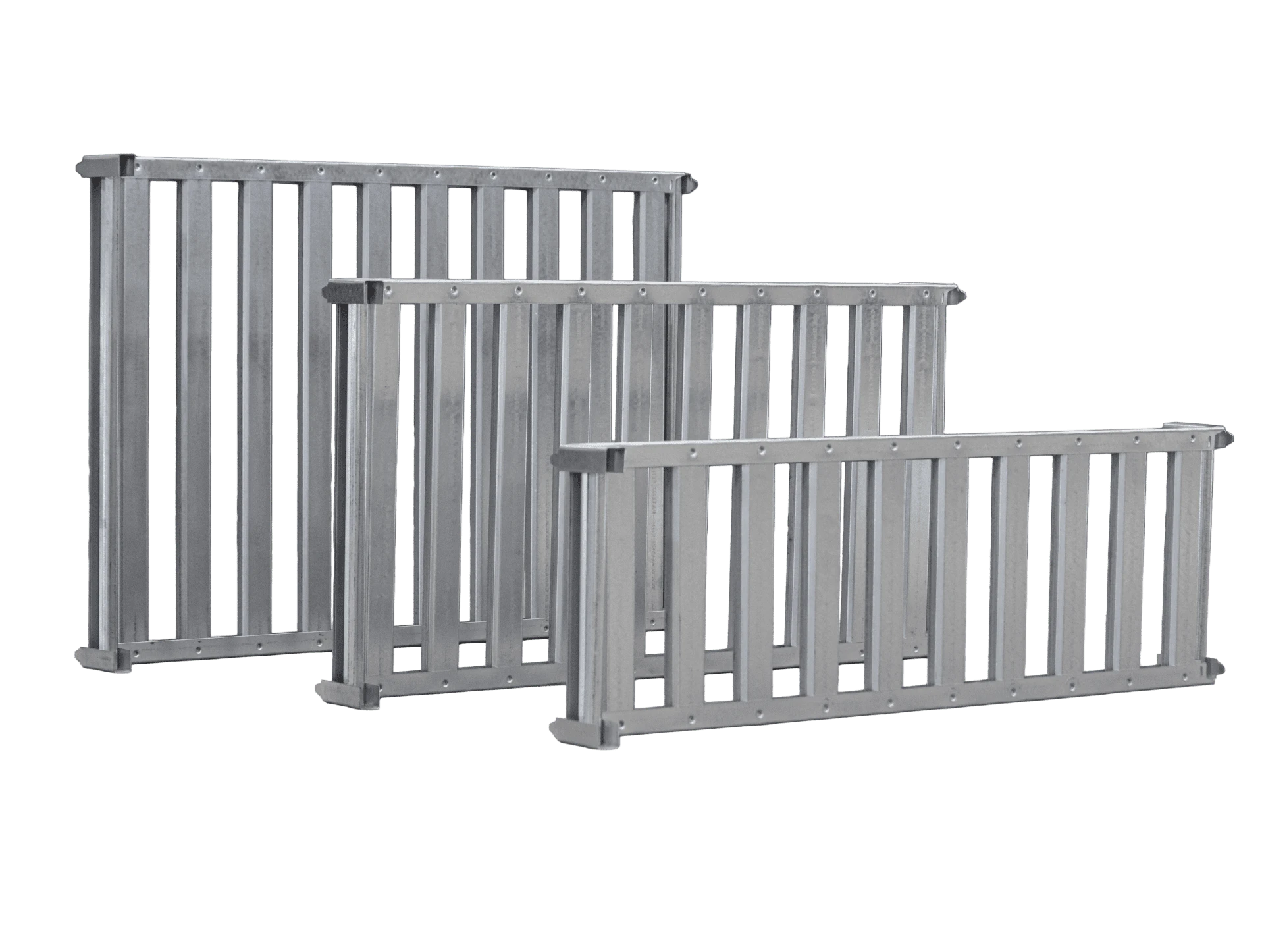 A curved, metallic structure with vertical slatted dividers arranged on a concrete floor, likely a livestock confinement pen